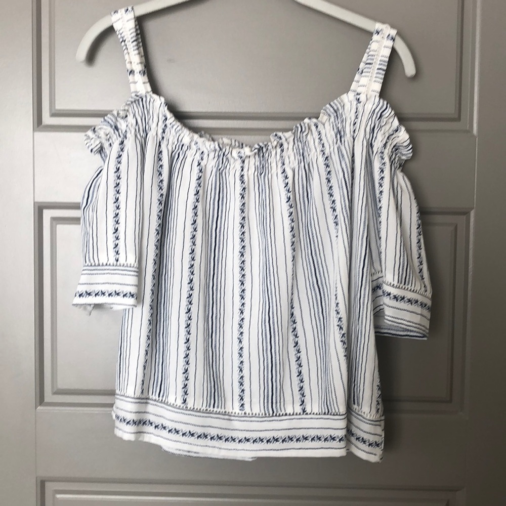 Off the shoulder blue and white stripped top